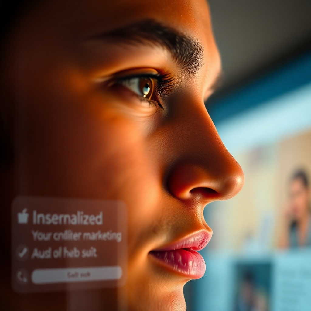A close-up of a person's face, reflected in a screen displaying personalized marketing content. The scene should convey the feeling of connection and relevance. Use a warm, inviting color palette with soft lighting. Render in high detail, capturing the textures of the skin and the screen. Camera angle: close-up, focusing on the face and the screen. Style: Modern portrait. 4K resolution, photorealistic.