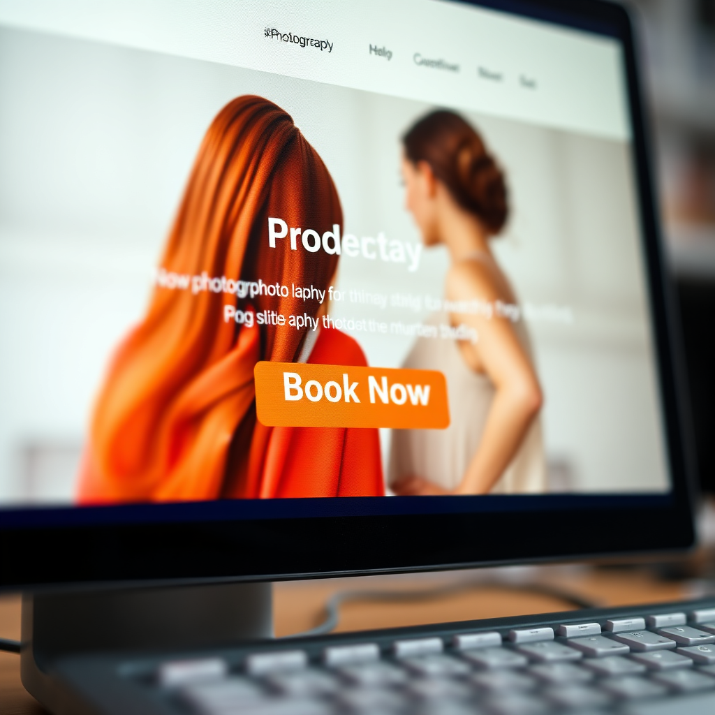 A close-up, photorealistic image focusing on a computer screen displaying a photography landing page with a prominent 'Book Now' button. The cursor hovers over the button. The background is subtly blurred, hinting at a busy photography studio. The color palette is bright and inviting, with a focus on the button's color. 4k resolution.