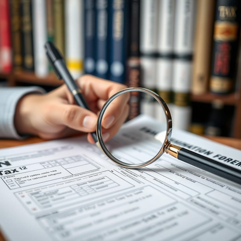 A close-up shot of a hand filling out a tax form, with a pen poised and ready. A magnifying glass rests on a section of the form, symbolizing attention to detail. The background is a blurred image of a bookshelf filled with tax-related guides and regulations. 4K resolution, photorealistic.