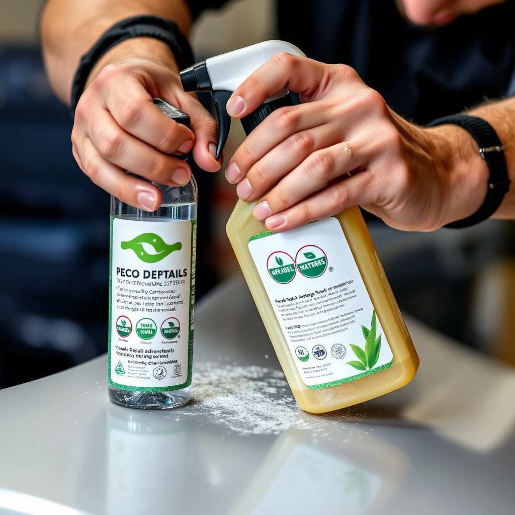 A close-up shot of a technician applying an eco-friendly car detailing product to a car's surface. The product label clearly displays environmental certifications and claims. Highlight the natural ingredients and sustainable packaging.