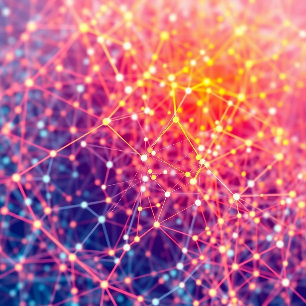 A complex network of interconnected nodes and pathways, representing automated marketing campaigns. The scene should visually convey the flow of data and the optimization process driven by AI. Use a vibrant color palette with contrasting colors to highlight the different pathways. Render in high detail, capturing the intricate details of the network. Camera angle: overhead, capturing the entire network. Style: Abstract data visualization. 4K resolution, stylized.