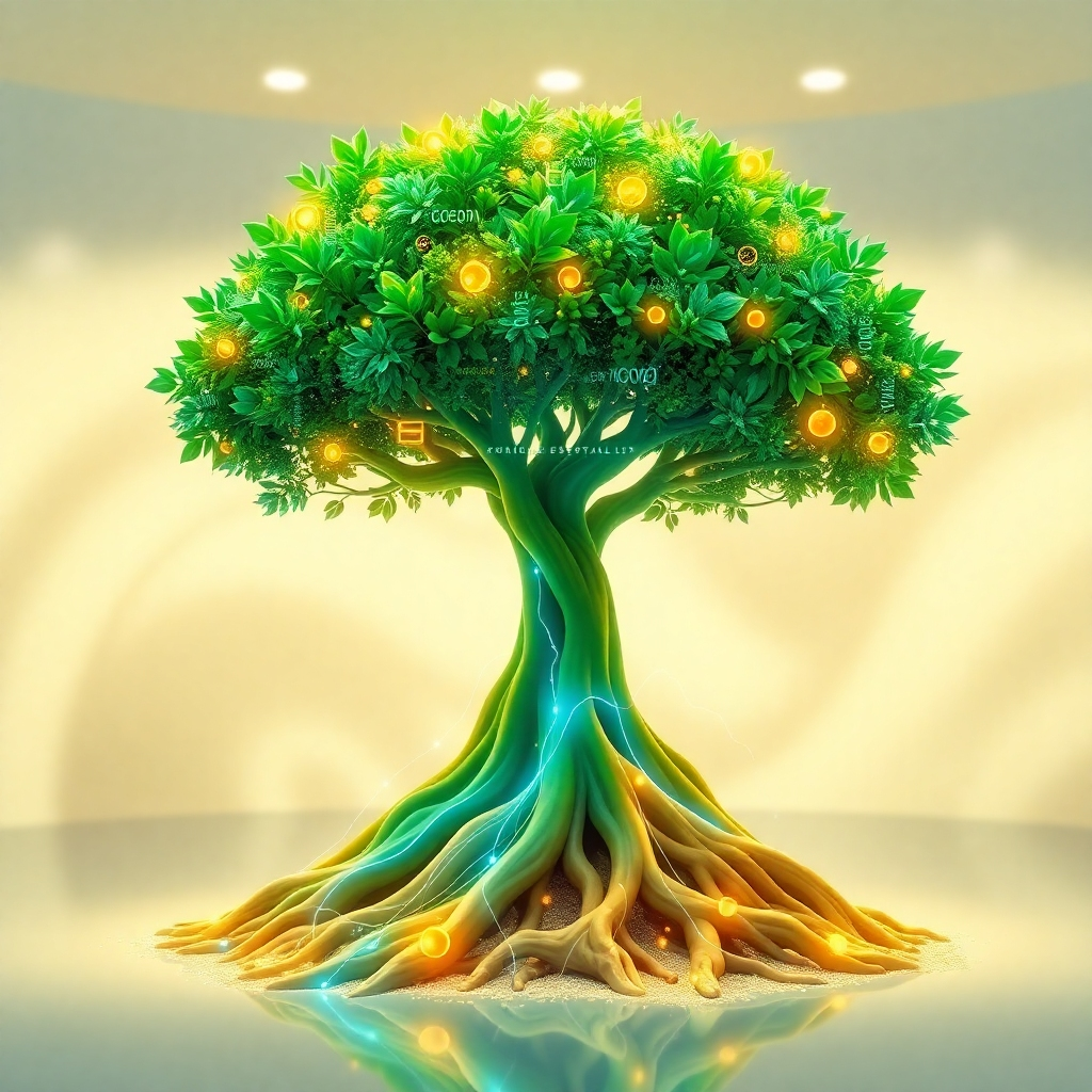 A dynamic and stylized 4K image representing Choice Essential Ltd's mission. Visualize a tree whose roots are deeply embedded in data (represented by flowing streams of light and code) and whose branches reach upwards, blossoming into creative marketing campaigns (represented by vibrant, abstract shapes and colors). The color palette should be bright and optimistic, featuring shades of green, gold, and blue. Lighting should be soft and inviting, highlighting the organic growth and data-driven precision. Camera angle: slightly elevated, capturing the entire tree and its surroundings. Textures should be smooth and glossy, emphasizing the digital and innovative aspects. The environment should be a clean, modern space with a subtle abstract background. Style: a blend of realism and digital art, inspired by nature and technology. Relevant props include data visualizations, light streams, and abstract representations of marketing campaigns. High quality rendering.