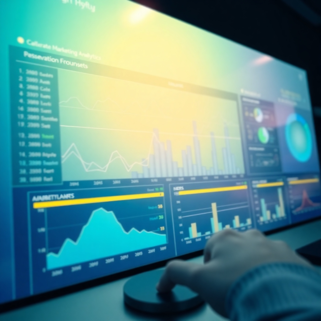 A dynamic dashboard displaying real-time marketing analytics, powered by AI algorithms. The scene should convey the feeling of control and insight. Use a modern color palette with gradients of blue and green. Render in high detail, capturing the textures of the dashboard and the data. Camera angle: slightly elevated, capturing the entire dashboard. Style: Modern data visualization. 4K resolution, stylized.