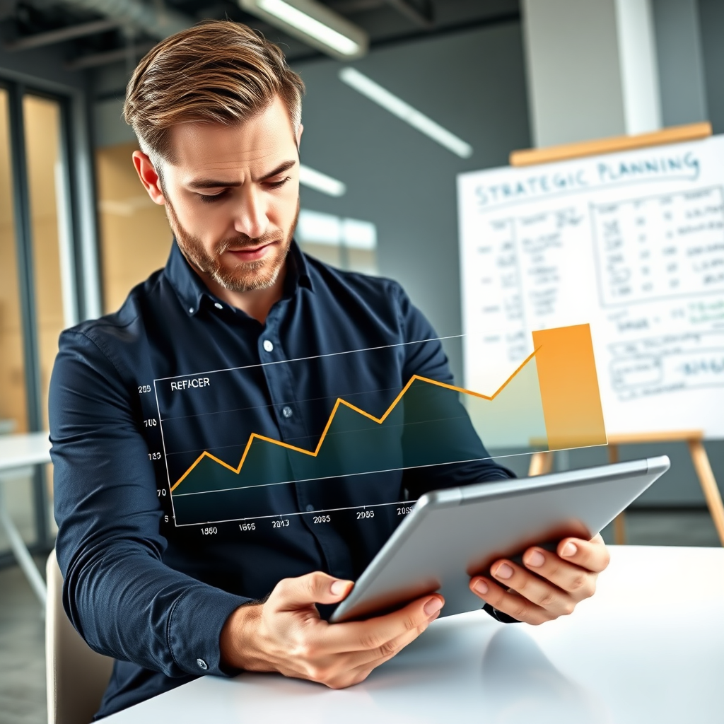 A dynamic graph displaying key financial metrics, such as revenue, expenses, and profit margins. The graph is visually appealing and easy to understand. A business owner is shown analyzing the graph on a tablet, with a look of focus and determination. The background is a modern office space, with a whiteboard displaying strategic planning notes. 4K resolution, stylized rendering.