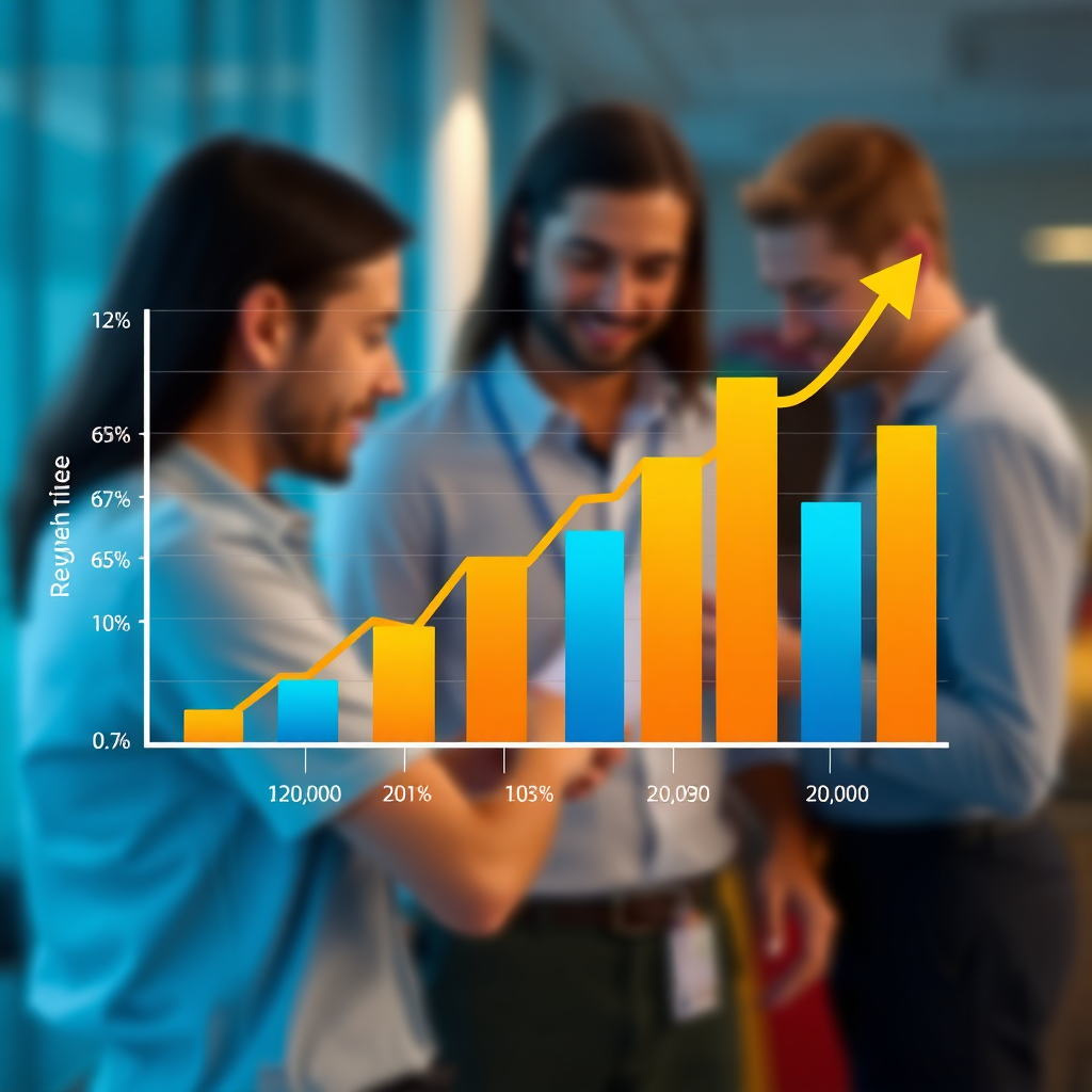 A dynamic graph showcasing revenue growth over time. The graph is visually appealing and easy to interpret. Use a color palette of bright, vibrant colors to convey optimism and progress. The background is a blurred image of a team collaborating, emphasizing the importance of data-driven decision-making. Technical specs: 4K resolution, high-quality, dynamic rendering.