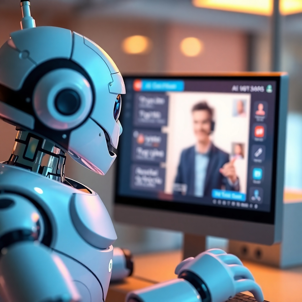 A friendly, AI-powered chatbot interacting with a customer on a screen. The scene should convey the feeling of helpfulness and efficiency. Use a warm, inviting color palette with soft lighting. Render in high detail, capturing the textures of the screen and the chatbot's interface. Camera angle: close-up, focusing on the chatbot and the customer's screen. Style: Modern interface design. 4K resolution, stylized.