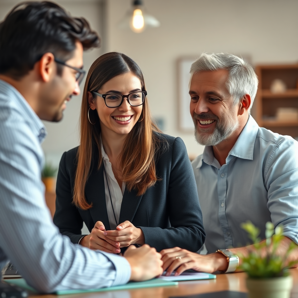 A friendly bookkeeper assisting a business owner with their financial records. The bookkeeper is professional, knowledgeable, and approachable. Use soft, warm lighting to create a sense of trust and partnership. The background is a blurred image of a comfortable office setting. Technical specs: 4K resolution, high-quality, photorealistic rendering.