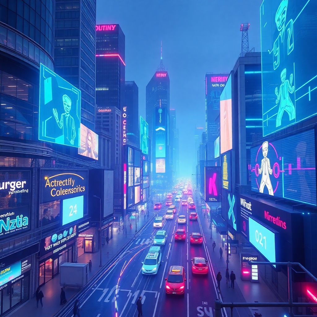 A futuristic cityscape dominated by holographic marketing projections, powered by AI algorithms. The scene depicts a seamless integration of technology and urban life, symbolizing the efficiency and reach of AI-driven marketing. Use a neon color palette of blues and purples. Render in high detail, capturing the intricate details of the city and the holographic projections. Camera angle: wide, capturing the entire cityscape. Style: Cyberpunk with a focus on marketing technology. 4K resolution, photorealistic.