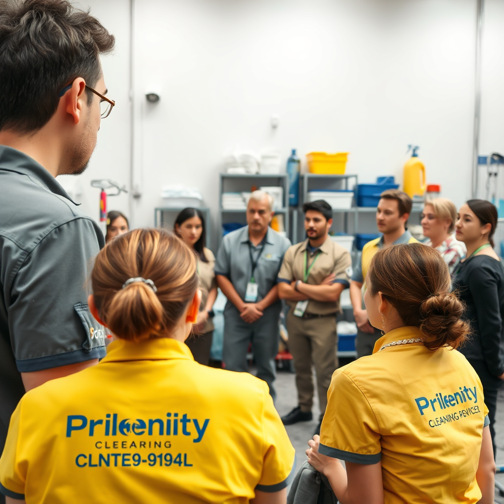 A group of Priority Cleaning Services professionals participating in a training session. They are wearing uniforms and attentively listening to an instructor. The background shows cleaning equipment and supplies. The color palette is professional and informative. Technical specs: 4K resolution, high-quality group shot with clear details.