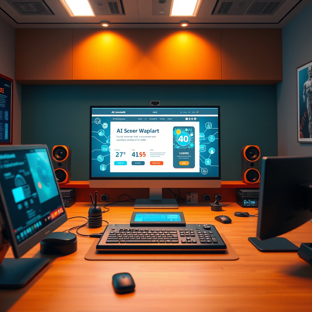 A futuristic control panel with holographic displays visualizing automated marketing workflows. The scene should showcase the seamless integration of AI into marketing processes. Use a cool color palette of blues and purples. Render in high detail, capturing the intricate details of the control panel and the holographic displays. Camera angle: slightly low, looking up at the control panel. Style: Cyberpunk. 4K resolution, stylized.