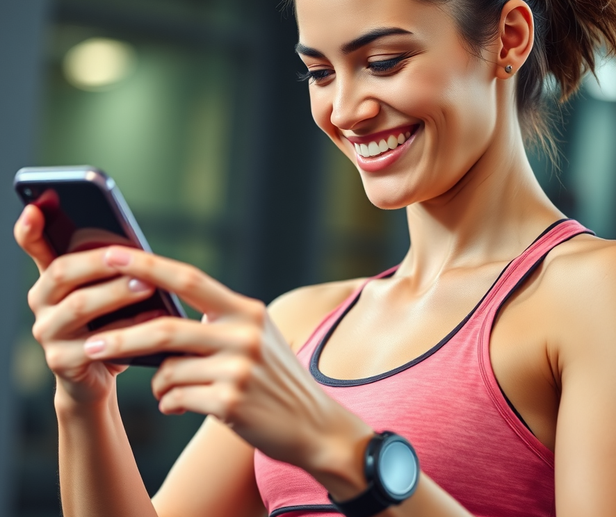 A person actively engaged in a workout, using a fitness app on their mobile device. They are smiling and appear motivated. The setting could be a gym, park, or home. The focus is on the user's interaction with the app and their positive experience. The lighting should be energetic and dynamic, and the color palette should be motivational.
