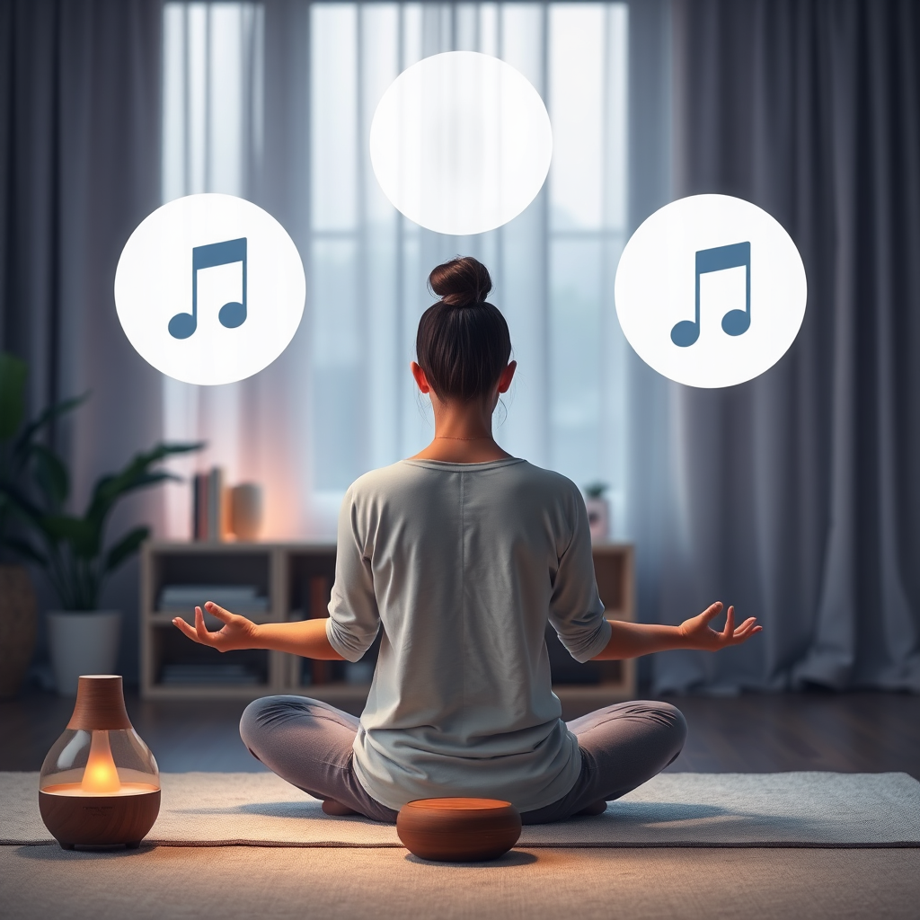 A person calmly meditating indoors in a softly lit room, with elements symbolizing stress reduction (e.g., aromatherapy diffuser, calming music, nature sounds). Focus on the serene and peaceful atmosphere. Use muted tones and soft lighting to create a sense of relaxation. Color palette: soft blues, greens, and purples.