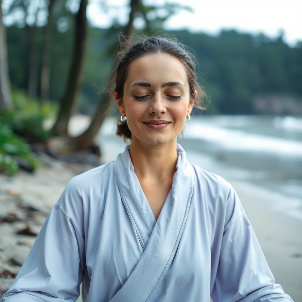 A person meditating peacefully in a serene natural setting (e.g., forest, beach). Soft, diffused lighting enhances the tranquility. Details might include a flowing robe, closed eyes, and a gentle smile. Color palette: calming blues, greens, and purples evoking a sense of serenity and inner peace. Camera angle: close-up on the face, capturing the calm expression.
