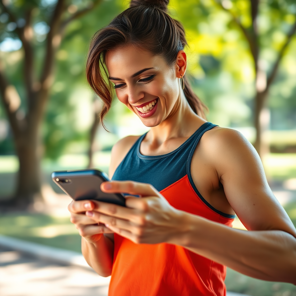 A person mid-workout, perhaps in a park or home setting, using a fitness app on their phone or tablet. Show a mix of strength and cardio exercises. Focus on their determined, yet joyful, expression. The surrounding environment should convey a sense of energy and vitality. Lighting: Natural light with a touch of warmth. Color palette: vibrant blues, greens, and oranges reflecting an active, healthy lifestyle. Camera angle: action-oriented, capturing movement.