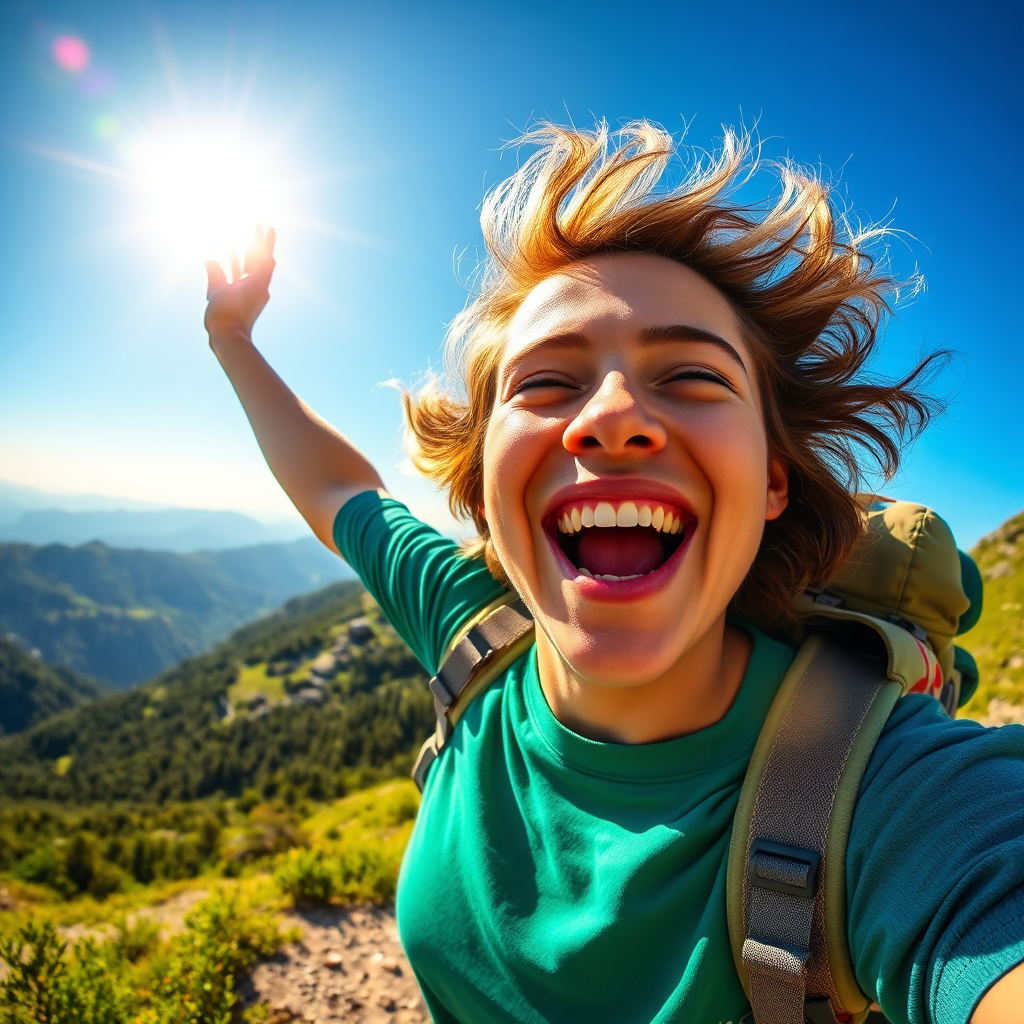 A person radiating vitality, perhaps hiking a mountain or engaged in an active hobby. Sunlight bathes their face, highlighting their energy and enthusiasm. Lush greenery and clear skies surround them. Use a wide angle to convey a sense of freedom and boundless energy. Color palette: vibrant blues, greens, and yellows.
