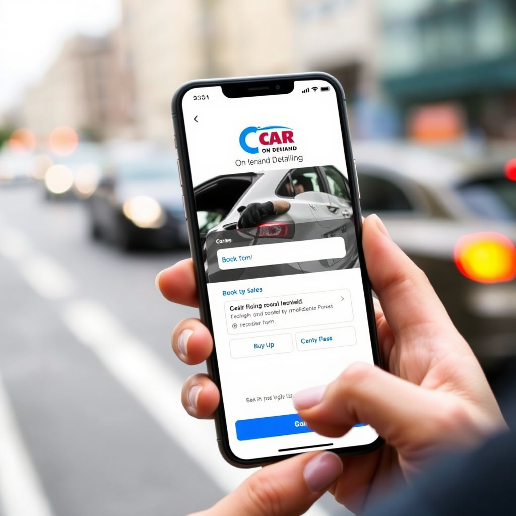 A person using a smartphone to book a car detailing appointment on the 'Car On Demand Detailing' app. The app interface is clean and user-friendly. The background is a blurred image of a city street with cars passing by. Focus on the ease of use and accessibility of the app.