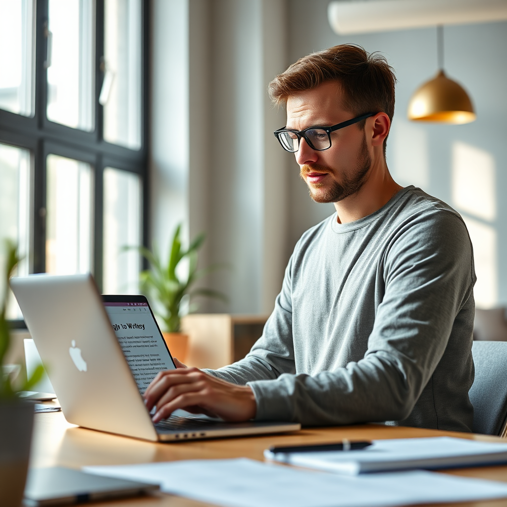 A photorealistic 4K image of a copywriter working on a photography landing page content, in a modern office setting. The copywriter is focused, with a laptop displaying website text. Natural light is filtering through the window.