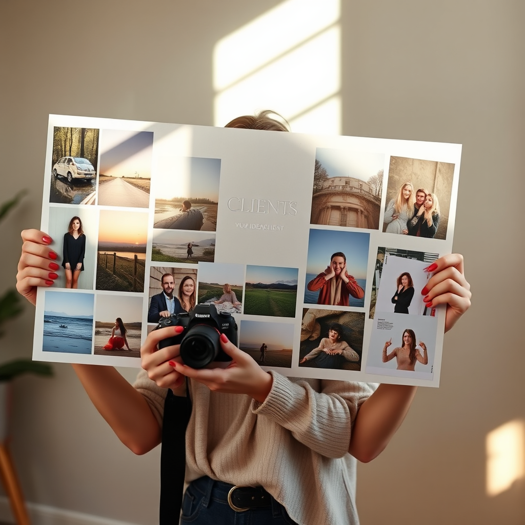 A photorealistic image depicting a photographer holding a mood board filled with images that represent their ideal client. The board includes fashion shots, landscapes, family portraits and magazine clippings. The photographer is lit with soft, natural light, conveying a sense of calm and focused planning. The image should have a warm color palette. 4k resolution.