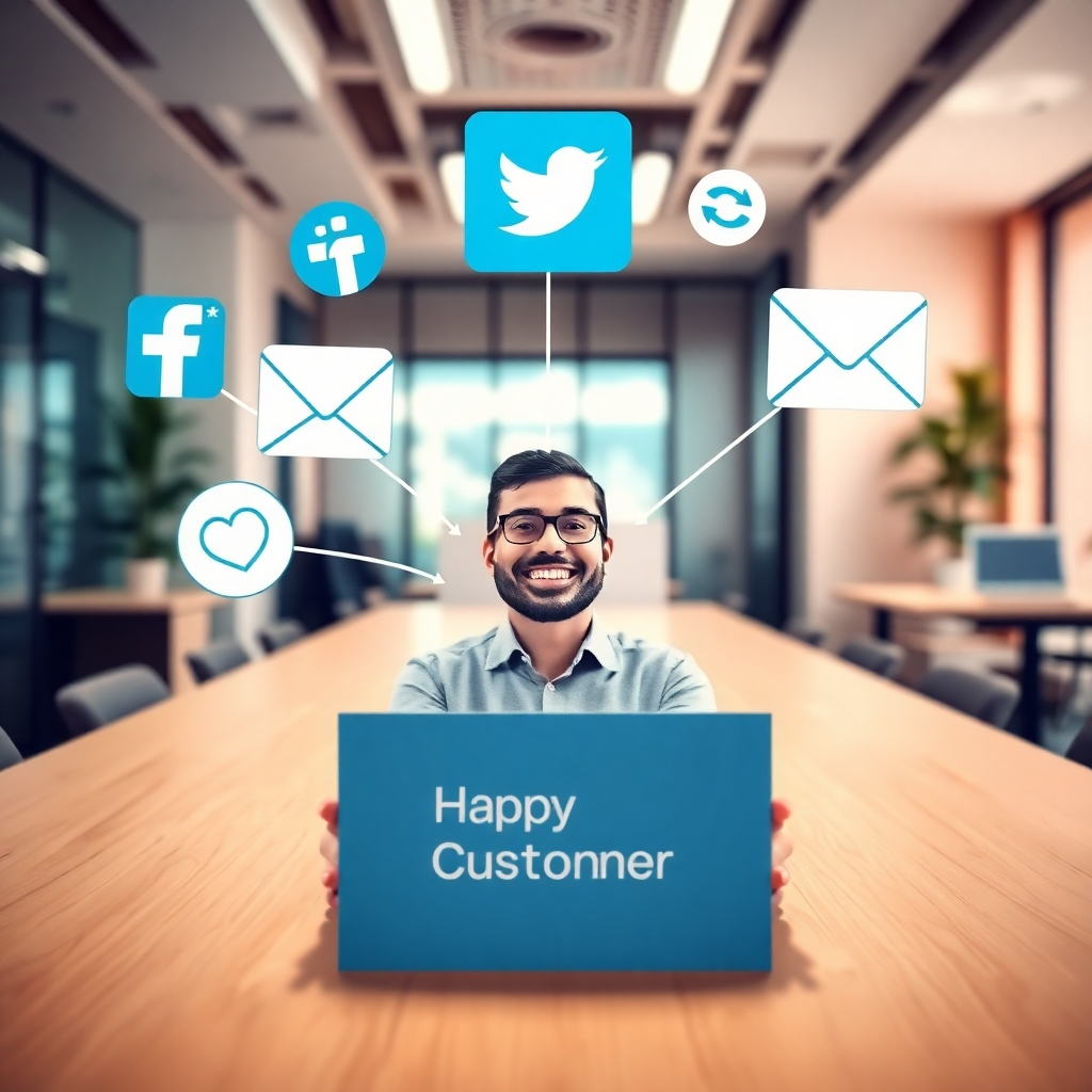 A photorealistic image depicting various marketing channels (e.g., social media icons, email newsletters, a business card) converging towards a central point: a happy customer. The background is a clean, modern office environment. The lighting is warm and inviting, creating a sense of connection. The color palette is predominantly blues and greens, representing trust and growth. Camera angle: slightly overhead, showing the convergence of the channels. 4k, photorealistic.