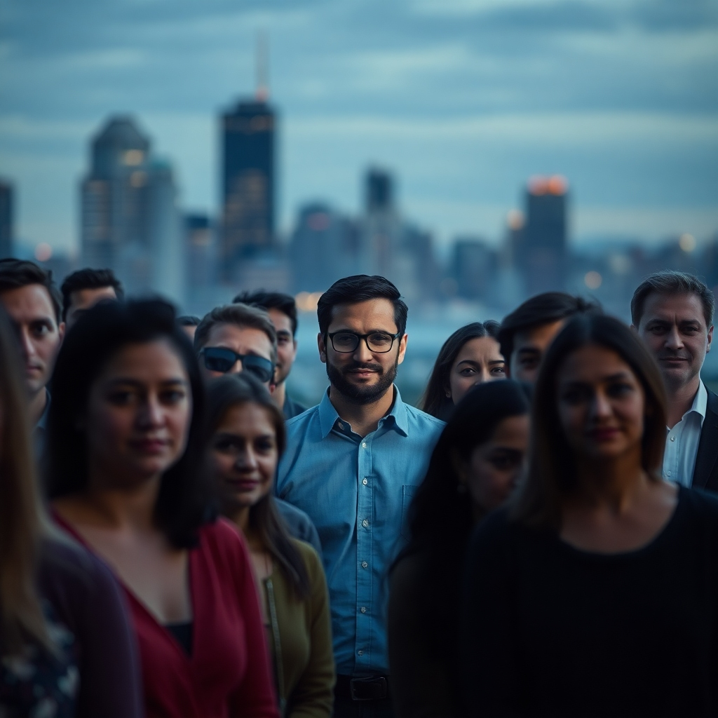 A photorealistic image depicting a diverse group of people (representing potential clients) subtly fading into focus, with one person (representing the ideal client) brightly highlighted and clearly defined. The background should be a blurred cityscape at dusk. The lighting should be soft, with a focus on the highlighted individual. The color palette is predominantly muted blues and grays, with a pop of color on the highlighted person. Camera angle: medium shot, focusing on the group of people. 4k, photorealistic.