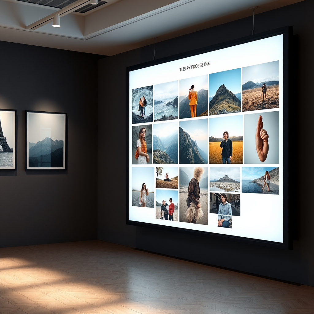 A photorealistic image of a beautifully designed photography portfolio displayed on a large screen in a modern art gallery setting. Soft, diffused lighting enhances the imagery. The color palette is neutral, allowing the photographs to stand out. The focus is on showcasing a diverse range of photography styles. 4k resolution.