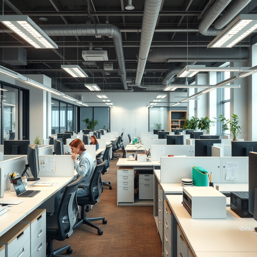 A photorealistic image of a clean and organized office space with employees working comfortably. Focus on the clean desks, sanitized surfaces, and clutter-free environment. Technical specs: 4K resolution, high-quality with realistic lighting and textures.