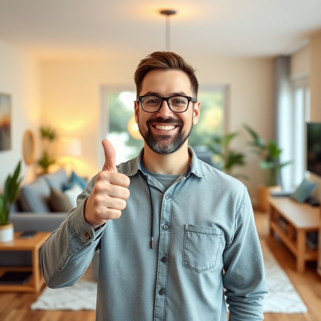 A photorealistic image of a customer giving a thumbs up while standing in their sparkling clean living room. The customer should appear genuinely happy and satisfied. The background is a bright and inviting living space. The color palette is warm and cheerful. Technical specs: 4K resolution, high-quality portrait with shallow depth of field.
