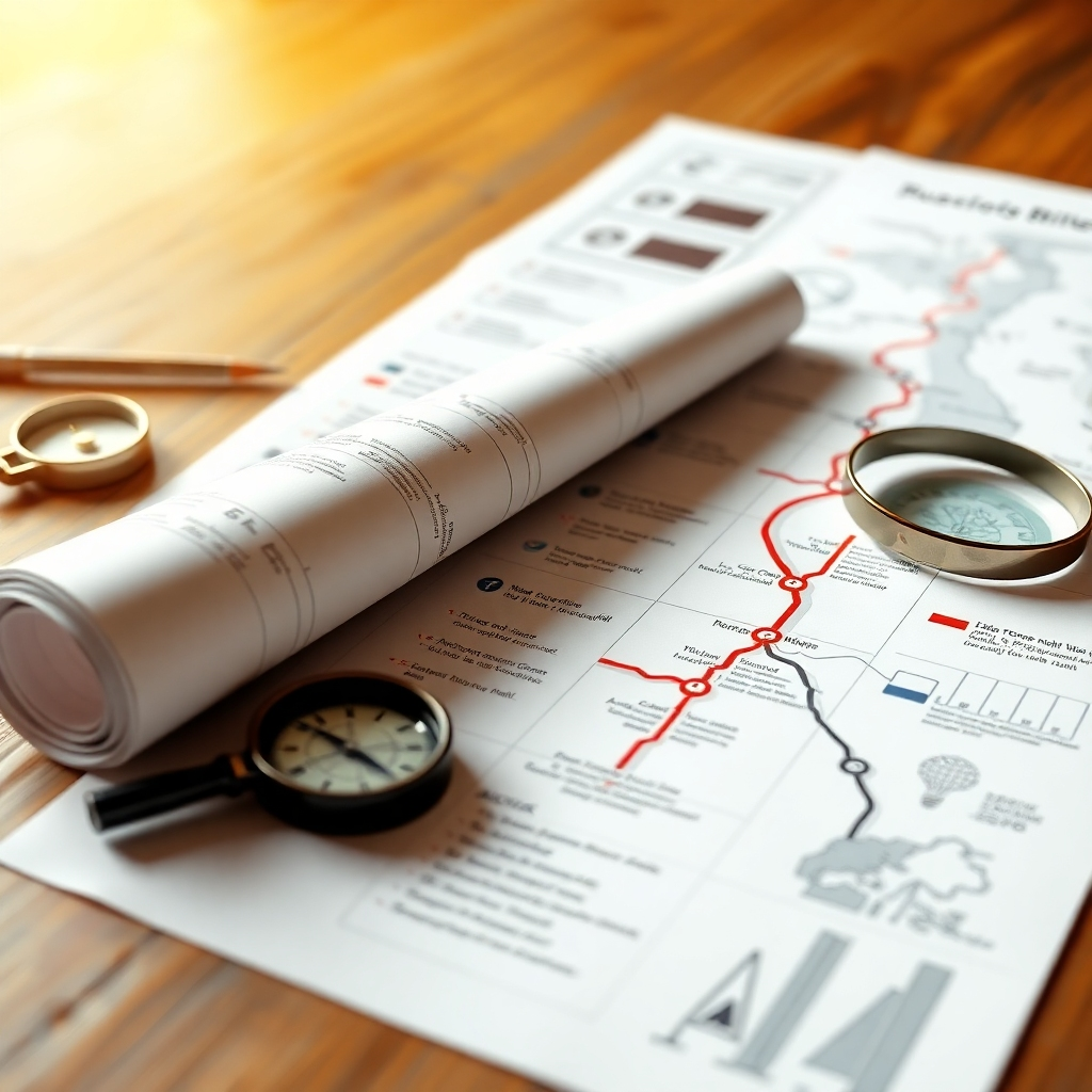 A photorealistic image of a detailed business roadmap unrolled on a wooden table, highlighting key milestones and strategic pathways. Compass and magnifying glass lying nearby. Warm, inviting light, shallow depth of field. 4K resolution.