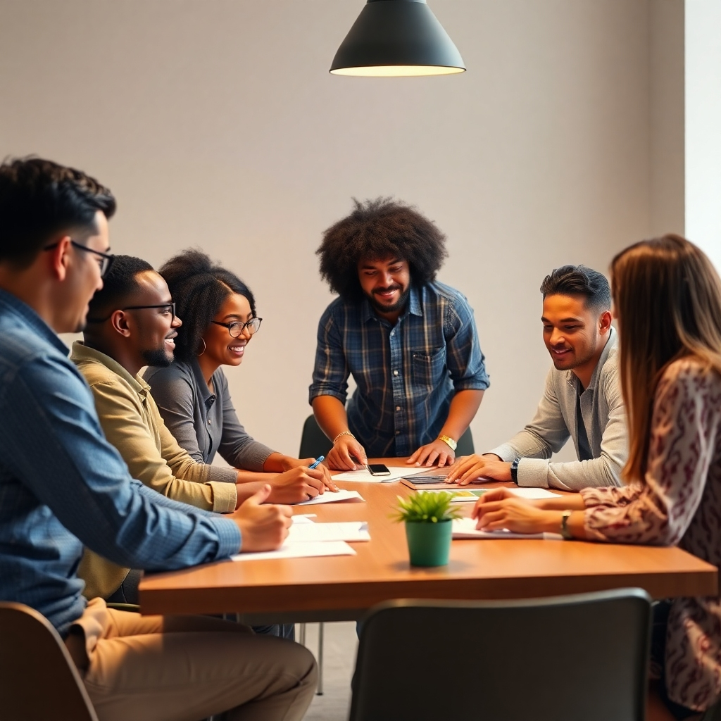 A photorealistic image of a diverse team collaborating harmoniously around a table, working towards a common goal. Warm, inclusive lighting. Emphasis on teamwork and communication. 4K resolution.