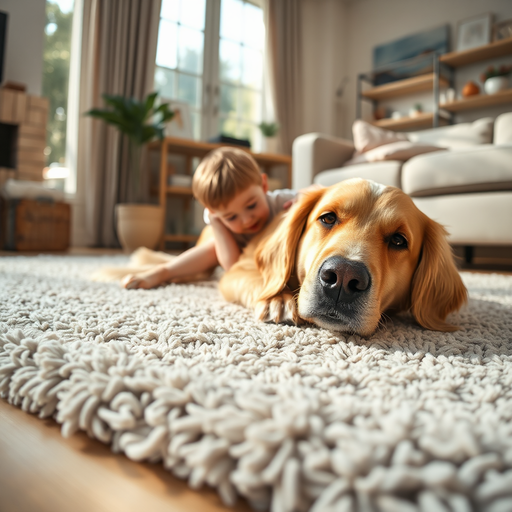 A photorealistic image of a golden retriever lying comfortably on a freshly cleaned rug in a sunlit living room. A child is playfully petting the dog. The focus is on the dog's relaxed expression and the clean texture of the rug, emphasizing the safety and comfort of eco-friendly cleaning. The color palette is warm and inviting. Camera angle: eye-level, close-up on the dog and child. Technical specs: 4K resolution, high quality with shallow depth of field.