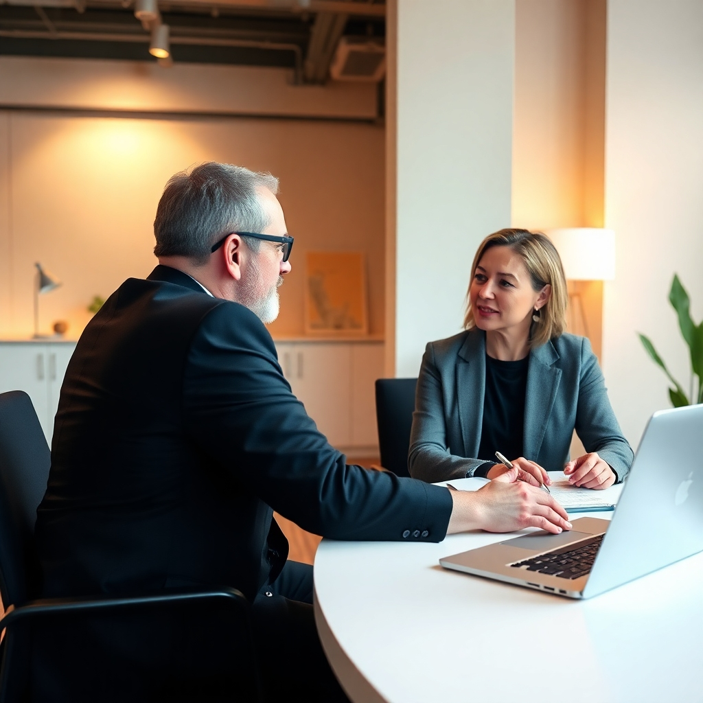 A photorealistic image of a one-on-one coaching session. A coach and a solopreneur are sitting at a desk, discussing strategy. The environment is modern, clean, and professional. The lighting is warm and inviting. The color palette is neutral. The focus is on the interaction between the coach and the solopreneur. Camera angle: medium shot. 4k, photorealistic.