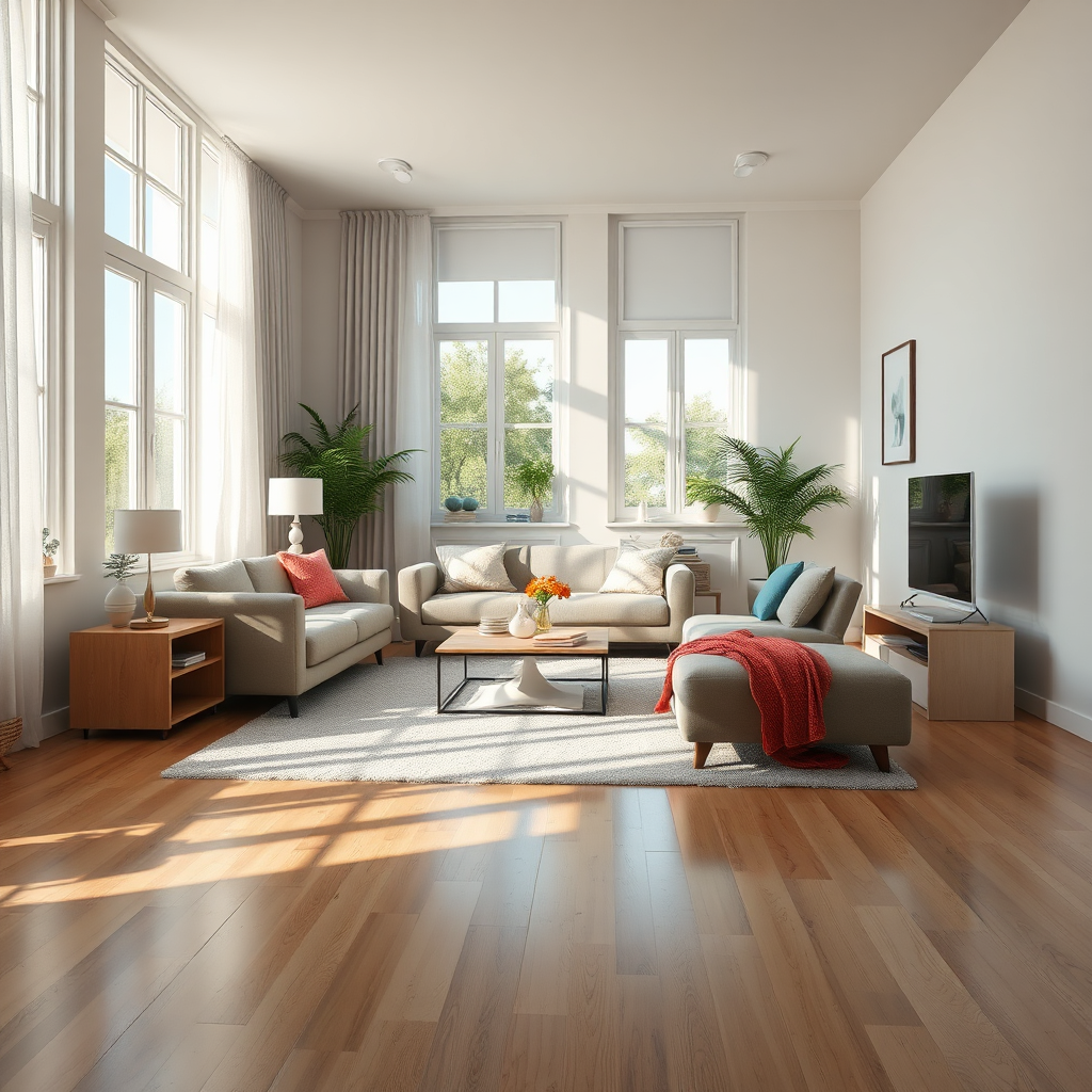 A photorealistic image of a sparkling clean living room with natural light streaming through the windows. Focus on the details: dust-free surfaces, clean floors, and organized furniture. Technical specs: 4K resolution, high-quality with realistic lighting and textures.