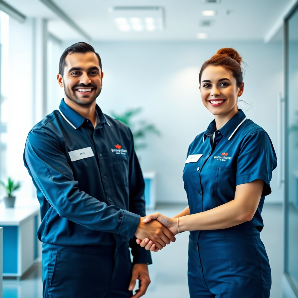 A photorealistic image of two uniformed Priority Cleaning Services professionals smiling and shaking hands in a clean, modern office. The background is slightly blurred, focusing attention on the trustworthiness and professionalism of the cleaners. The color palette is clean and bright, with soft blues and whites. Technical specs: 4K resolution, high-quality portrait with natural lighting.