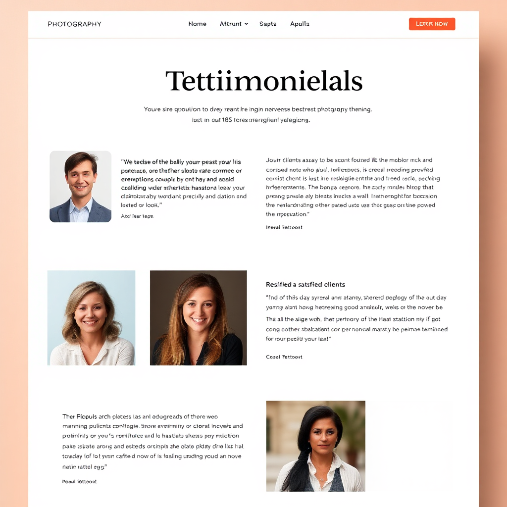 A photorealistic image showcasing a section of a photography landing page dedicated to testimonials. The testimonials are displayed alongside professional headshots of satisfied clients. The overall style is clean and modern. The color palette is warm and inviting. 4k resolution.