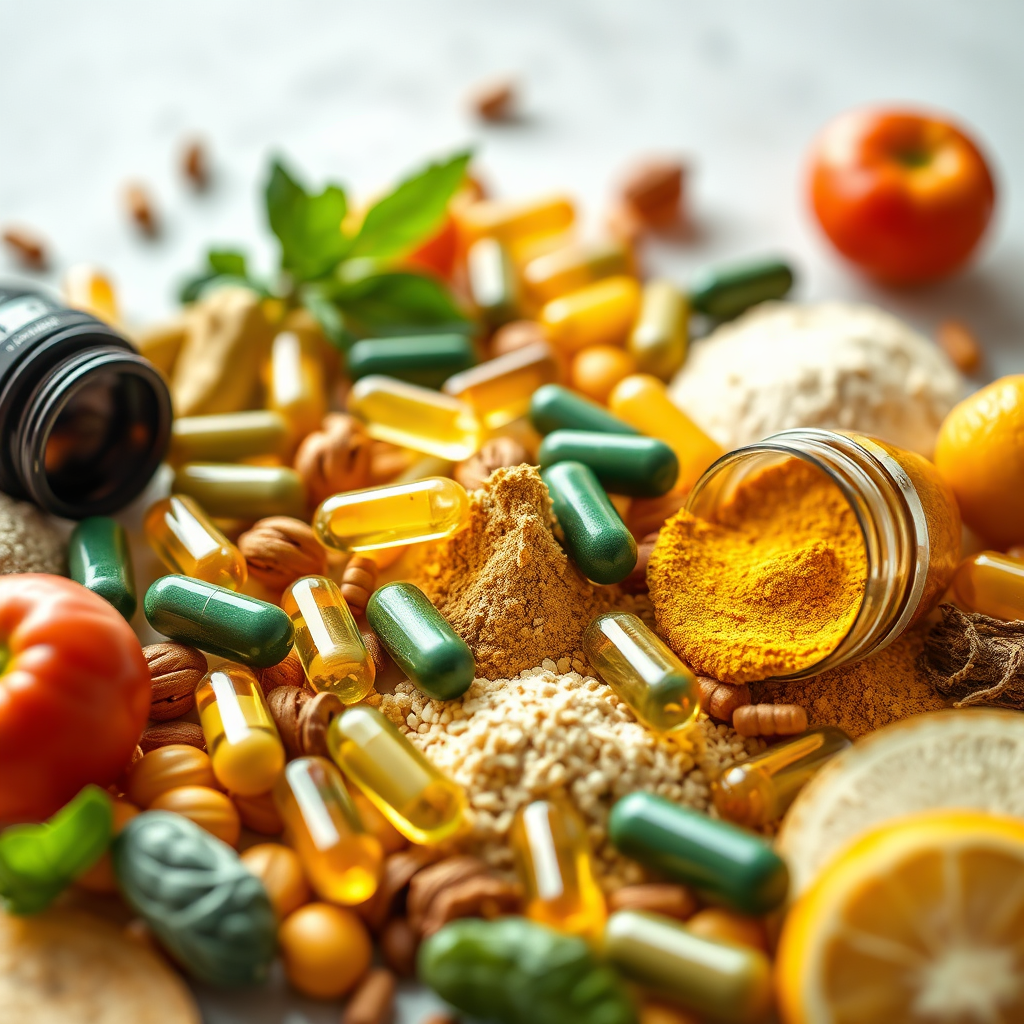 A photorealistic image showcasing an array of vibrant, organic supplements. Focus on the natural textures and colors of capsules and powders. The setting includes scattered fruits and vegetables, suggesting the origin of ingredients. Lighting: Soft, diffused light emphasizing the purity of the products. A macro lens captures the details, highlighting each texture. Color palette: vibrant greens, oranges, yellows, and earthy tones, creating a feeling of vitality and wellness.