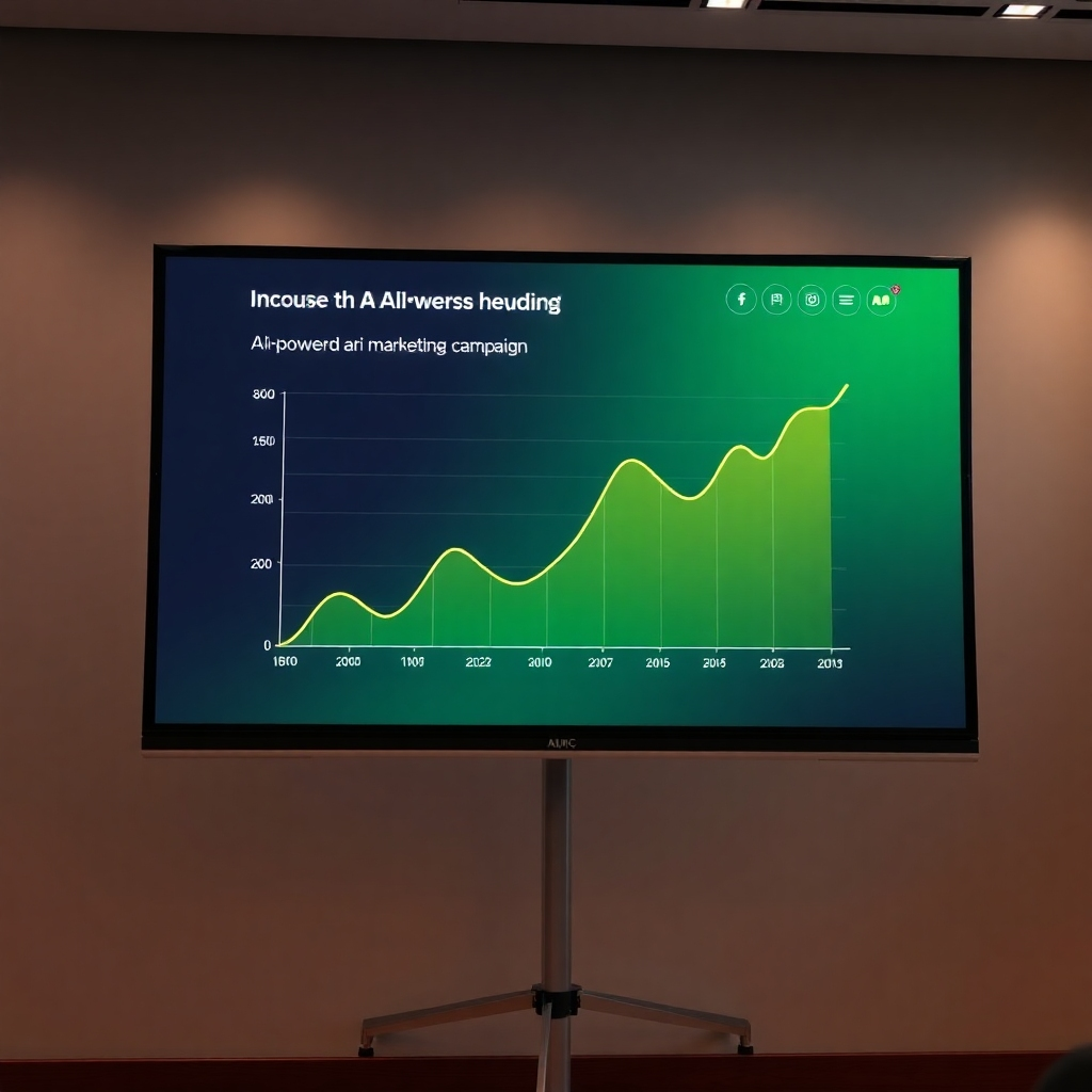 A presentation screen displaying a graph showcasing the success of an AI-powered marketing campaign. The scene should convey the feeling of achievement and success. Use a vibrant color palette with gradients of green and gold. Render in high detail, capturing the textures of the screen and the graph. Camera angle: slightly elevated, capturing the entire screen. Style: Business presentation. 4K resolution, stylized.