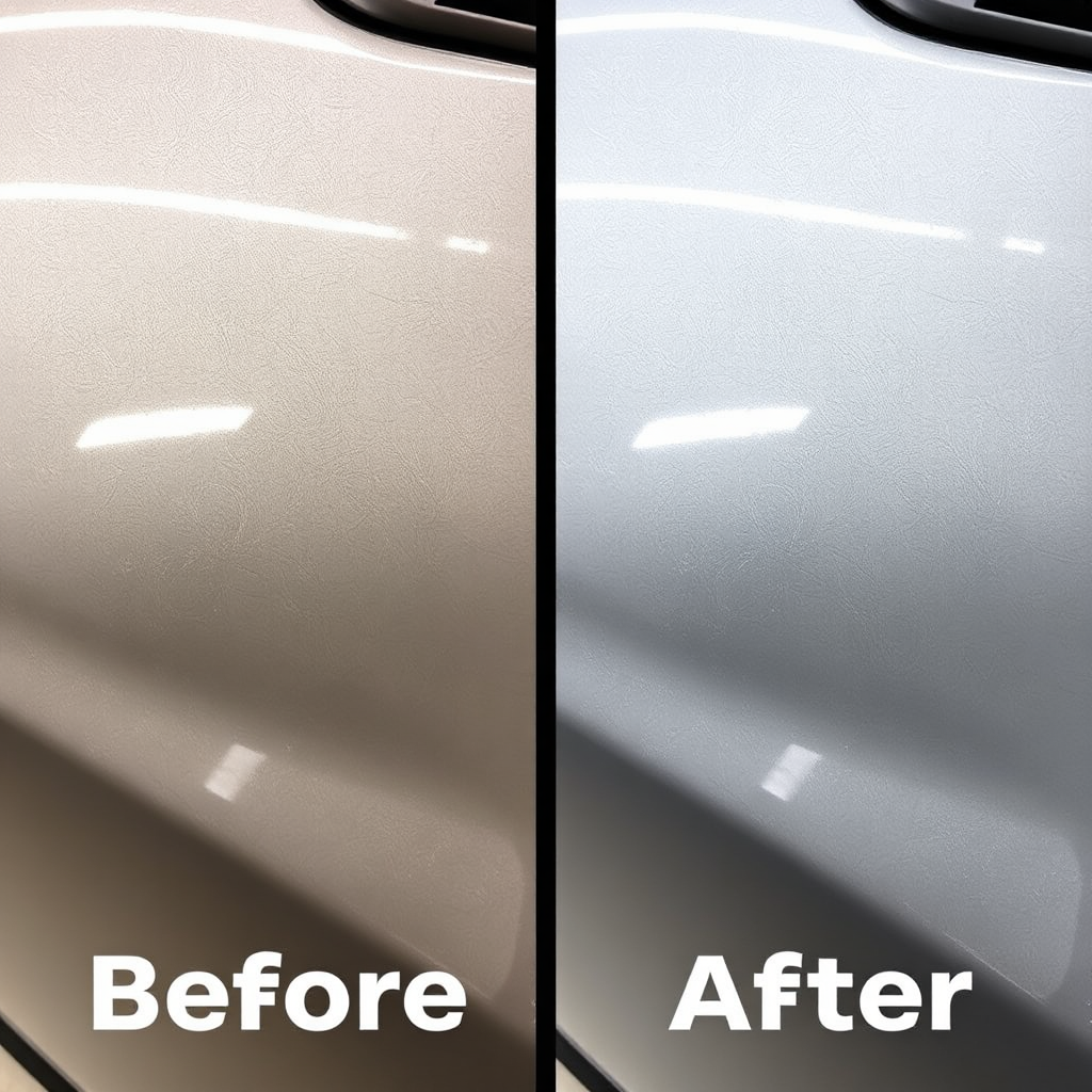 A side-by-side comparison image showing a car panel before and after paint correction. The 'before' side shows swirl marks and imperfections, while the 'after' side is flawlessly smooth and glossy. Highlight the dramatic improvement in paint clarity and shine.
