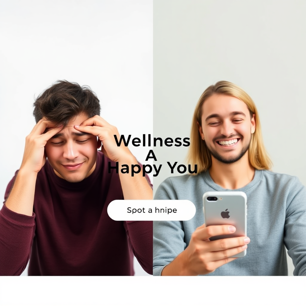 A split-screen image. On one side, a stressed and overwhelmed individual. On the other, a relaxed and happy individual using the 'Wellness A Happy You' app. A clear and concise call to action is displayed in the center. The overall design should be clean and inviting with positive imagery.
