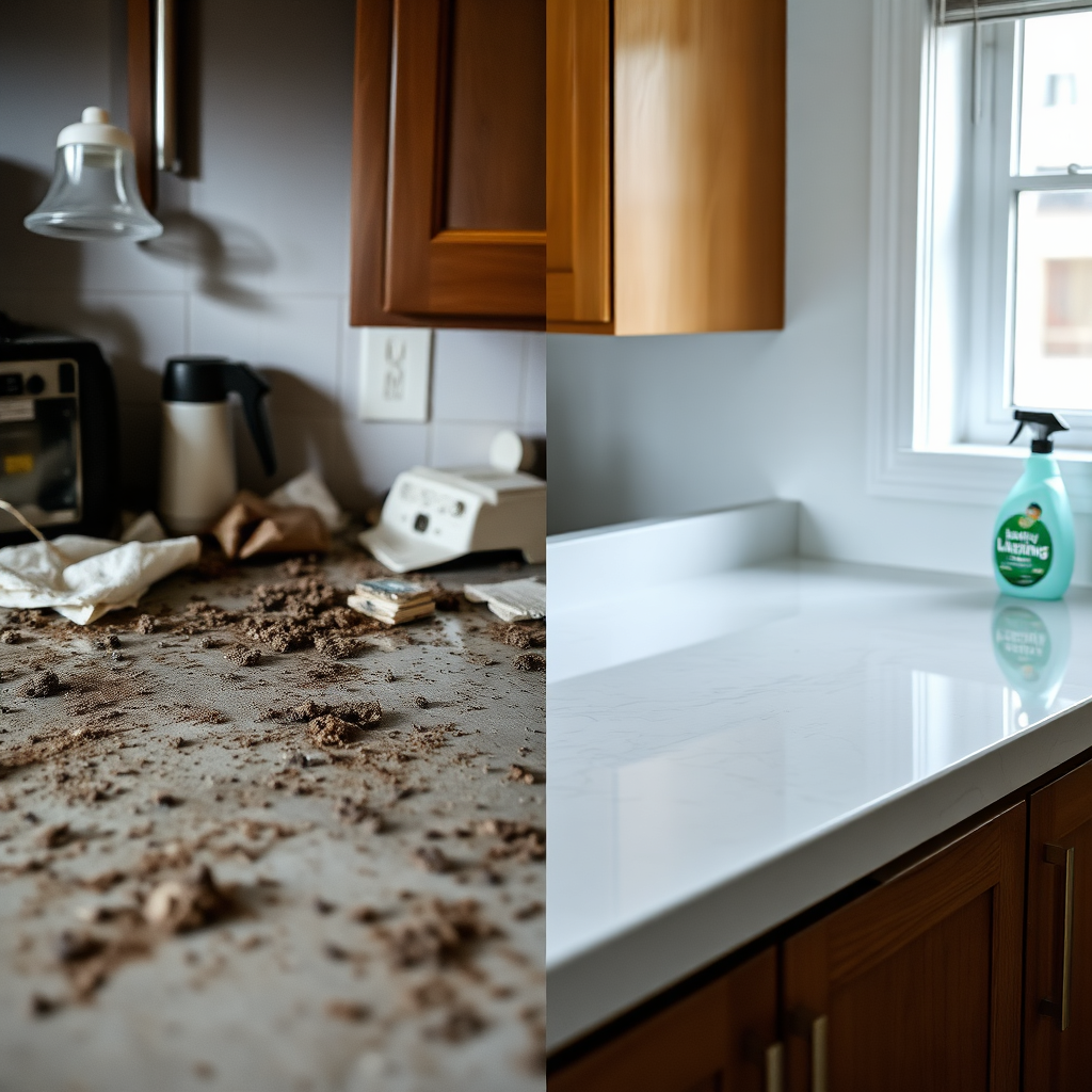 A split-screen image. One side shows a dirty, cluttered surface (e.g., a kitchen counter). The other side shows the same surface sparkling clean after using Priority Cleaning Services. The contrast should be dramatic. The 'clean' side should feature a bottle of eco-friendly cleaning product subtly placed in the background. Color palette: The 'dirty' side uses muted colors, while the 'clean' side uses bright, vibrant colors. Technical specs: 4K resolution, high quality with clear details.
