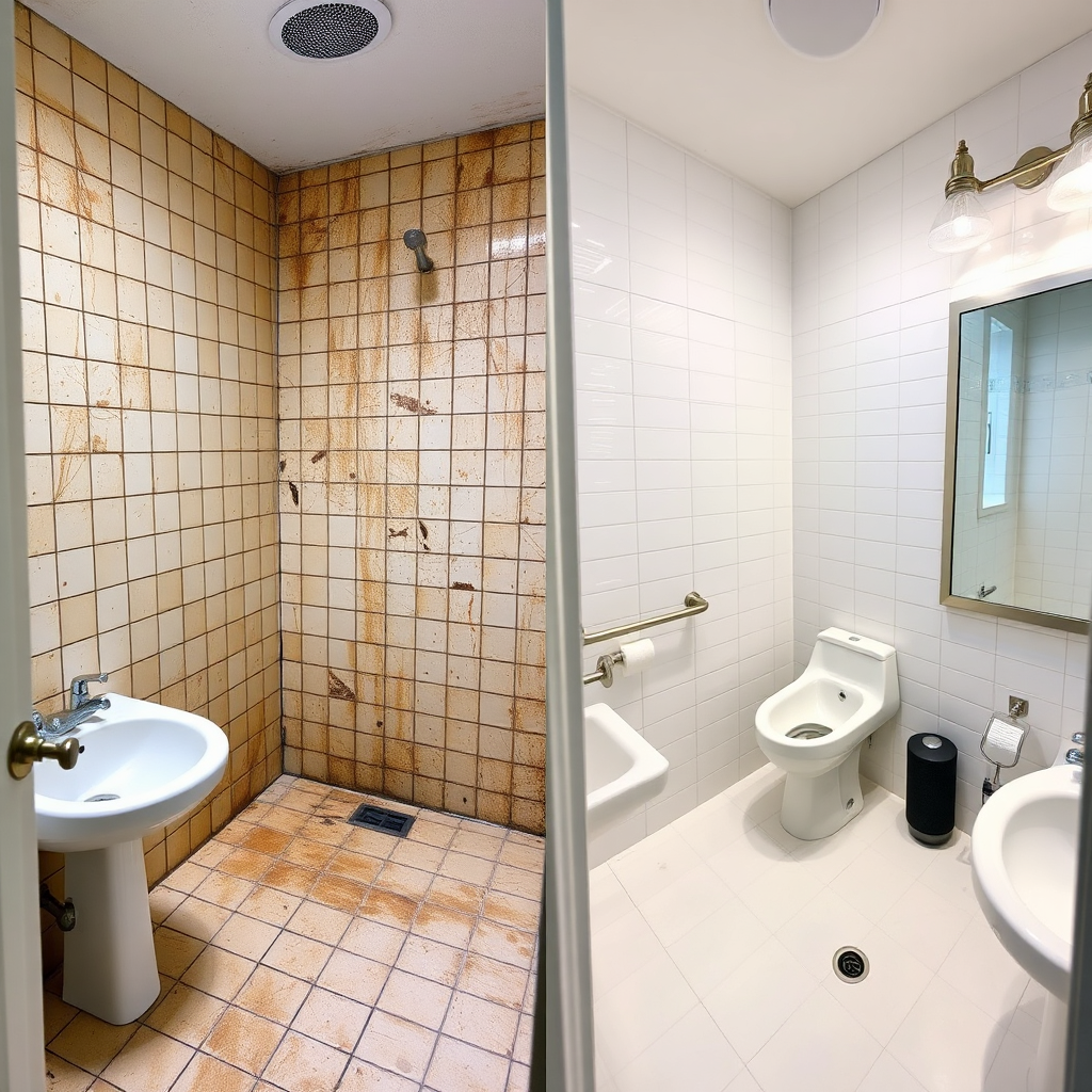 A split-screen image showing a grimy, unhygienic bathroom before cleaning and a sparkling clean, sanitized bathroom after Priority Cleaning Services. The 'after' image should showcase clean tile, gleaming fixtures, and a fresh, inviting atmosphere. Use similar camera angles and lighting for both images. Technical specs: 4K resolution, high-quality split-screen with clear details.