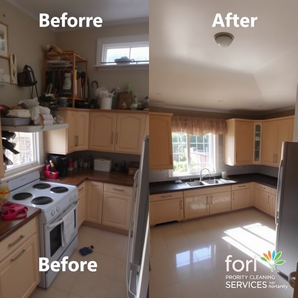 A split-screen image showing a cluttered, dirty kitchen before cleaning and a sparkling clean kitchen after Priority Cleaning Services. The contrast should be striking, highlighting the effectiveness of the cleaning. Use similar camera angles and lighting for both images. Technical specs: 4K resolution, high-quality split-screen with clear details.