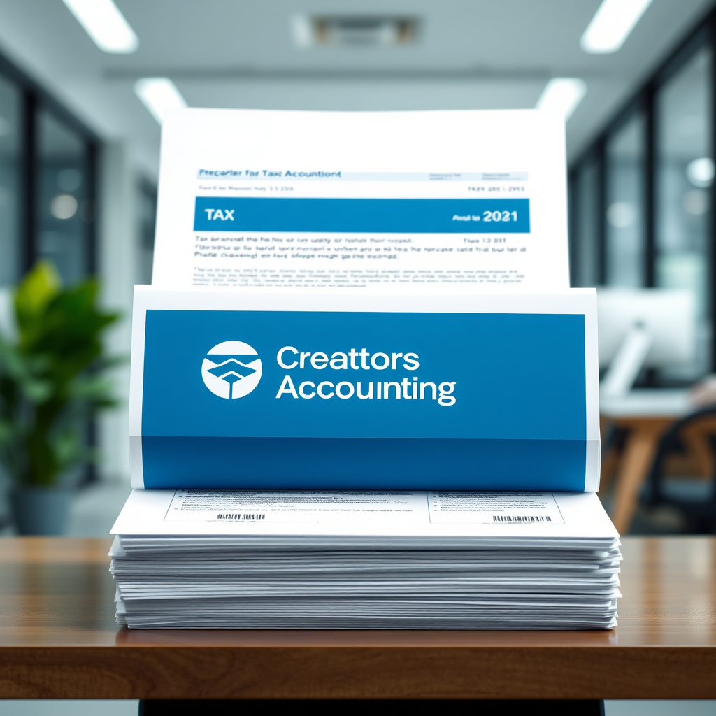 A stack of neatly organized tax documents with the Creators Accounting logo. The documents are professional, accurate, and easy to understand. Use a color palette of blues and greens to convey trust and reliability. The background is a blurred image of a modern office, creating a sense of efficiency. Technical specs: 4K resolution, high-quality, minimalist design.