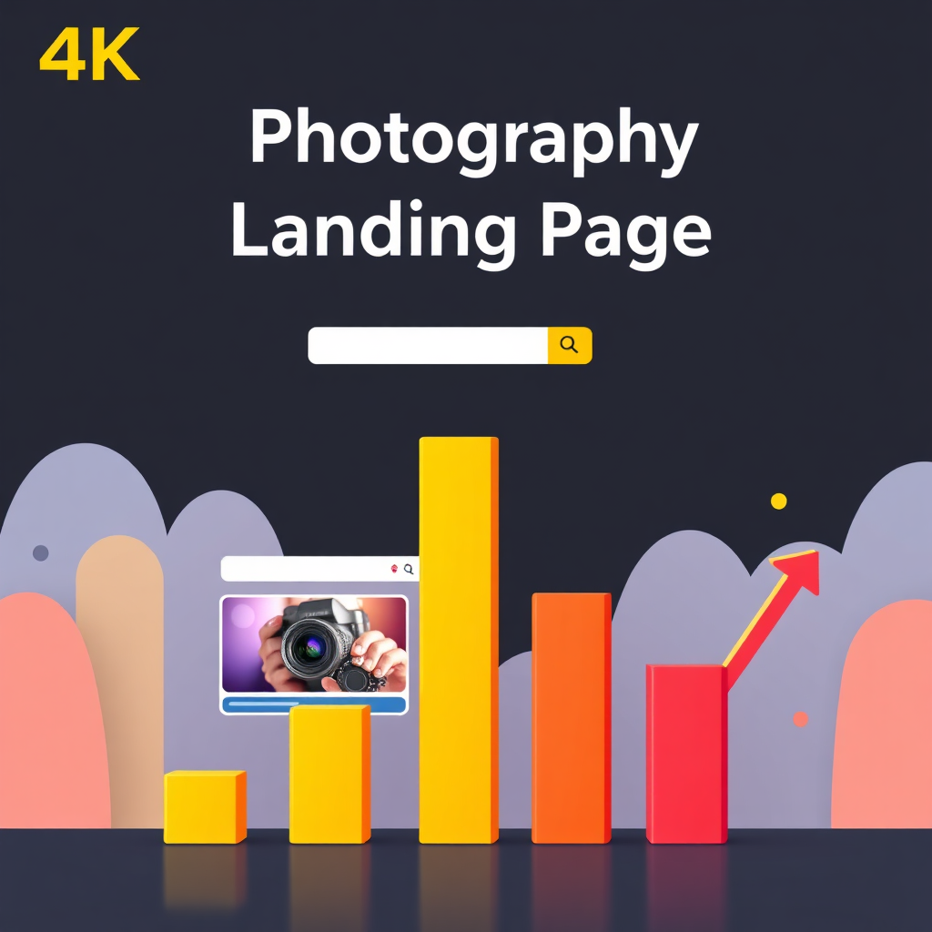 A stylized 4K image showing a photography landing page rising through search engine rankings, represented by a dynamic graph. Bright, optimistic colors.