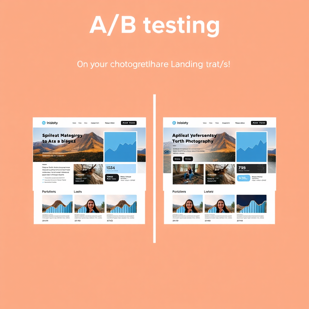 A stylized, graphic image depicting A/B testing on a photography landing page. The image shows two versions of a landing page displayed side-by-side, with graphs and data overlays indicating performance metrics. The color palette is modern and data-driven. 4k resolution.