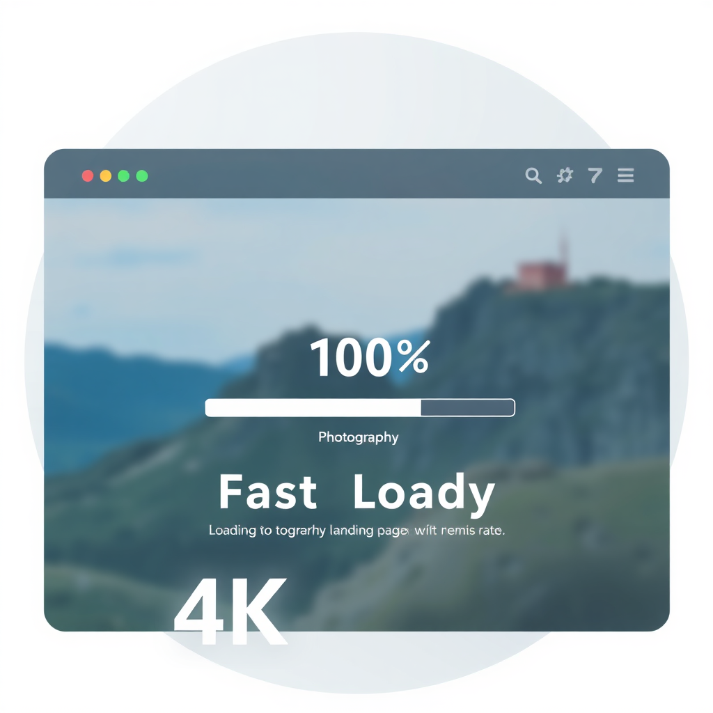 A stylized graphic image representing a fast-loading photography landing page. The image shows a loading bar quickly reaching 100%, with visual cues indicating speed and efficiency. The color palette is bright and energetic. 4k resolution.