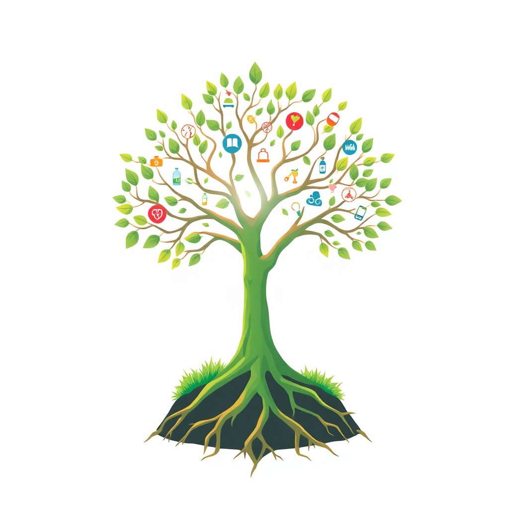 A stylized, high-quality 4K image representing the core values of 'Wellness A Happy You'. The central focus is a stylized graphic of a tree with interconnected roots and branches, symbolizing the connection between mind, body, and spirit. The roots are embedded in a lush, green earth, representing physical health and nutrition. The branches reach towards a bright, blue sky, symbolizing mental clarity and mindfulness. Within the tree's foliage are subtle icons representing supplements, fitness apps, and meditation practices. The color palette is dominated by light greens, blues, and whites, creating a sense of calm and serenity. The lighting is soft and diffused, emphasizing the gentle nature of the wellness journey. Camera angle: a slightly low-angle shot, emphasizing the growth and upward movement of the tree. The overall style is clean and modern, similar to a Headspace or Calm app visual, conveying a sense of peace and well-being.
