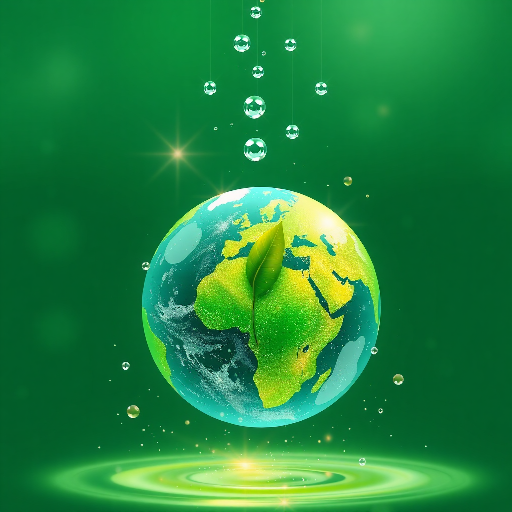 A stylized image of a clean, green Earth with sparkling droplets falling from the sky, symbolizing the positive impact of eco-friendly cleaning. A subtle green leaf subtly appears in the droplets. The color palette is primarily green and blue, with accents of white and gold to represent cleanliness and purity. The image should evoke a sense of hope and environmental responsibility. Technical specs: 4K resolution, high-quality digital illustration.