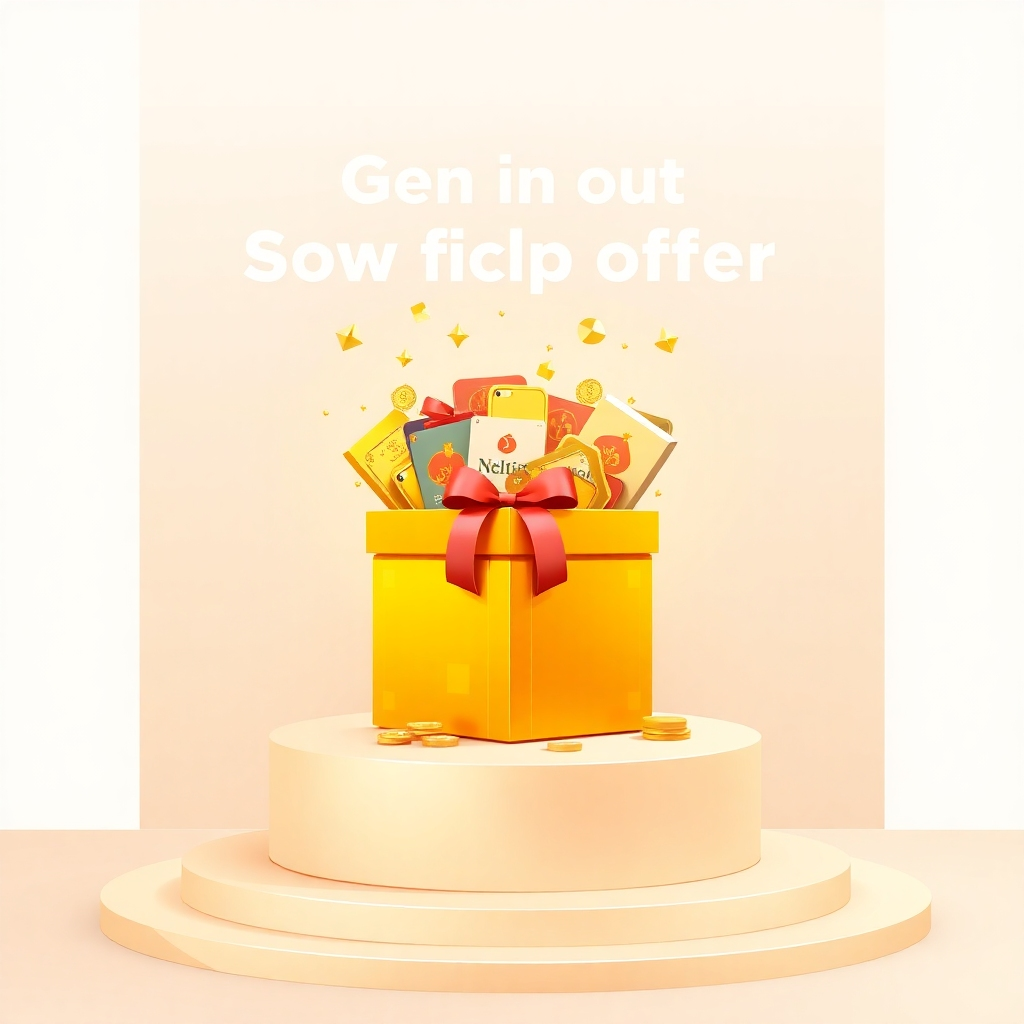 A stylized image of a gift box overflowing with valuable items (symbolizing the benefits of the offer). The gift box is placed on a pedestal, highlighting its importance. The background is a clean, minimalist design with a subtle gradient. The color palette is vibrant and inviting, using golds, yellows, and reds to represent value and excitement. The lighting is bright and focused on the gift box. Style reference: modern graphic design. 4k, high quality.