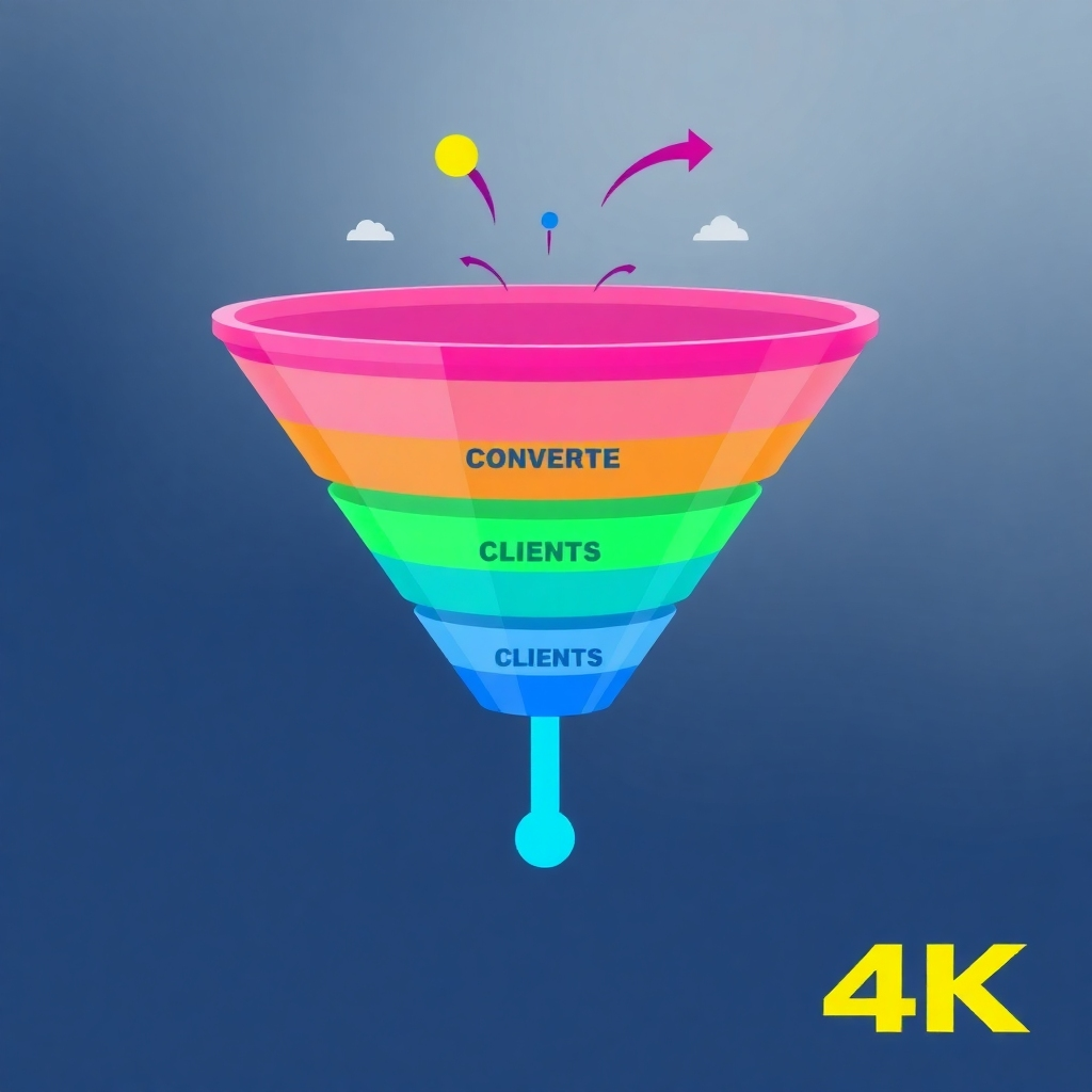 A stylized image of a sales funnel converting leads into clients. Use vibrant colors to illustrate the journey and emphasize the conversion. 4K resolution, modern design.
