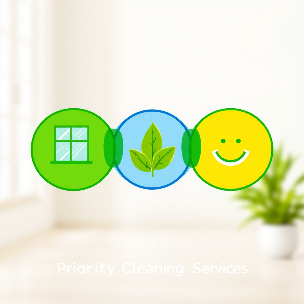 A stylized image representing the core values of Priority Cleaning Services. Three interconnected circles symbolize 'Clean Home,' 'Healthy Planet,' and 'Happy People.' Inside each circle, subtly incorporate relevant imagery: a sparkling window for 'Clean Home,' a green leaf for 'Healthy Planet,' and a smiling face for 'Happy People.' The color palette is vibrant and eco-conscious, featuring shades of green, blue, and yellow. The background is a soft, blurred texture suggesting a clean, airy space. The overall style is modern and minimalist, conveying trust and professionalism. Technical specs: 4K resolution, high quality vector-based illustration.